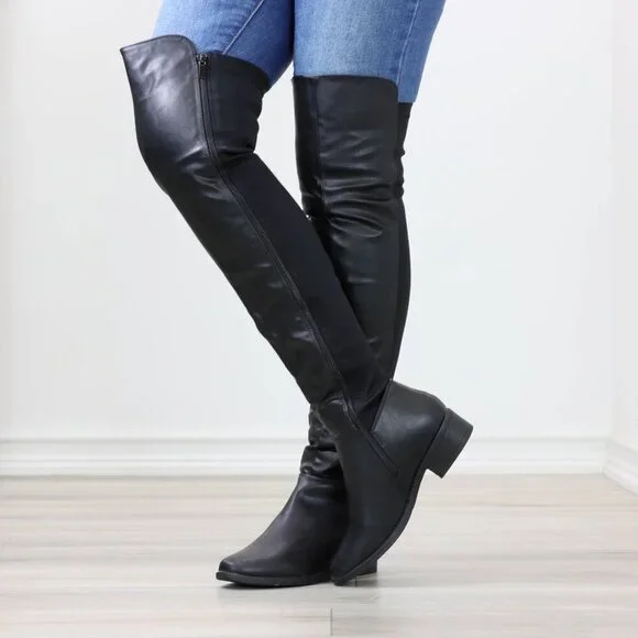 Low Heel Thigh High Boots Over The Knee Faux Leather & Stretchy Material Mix - Picture 3 of 15